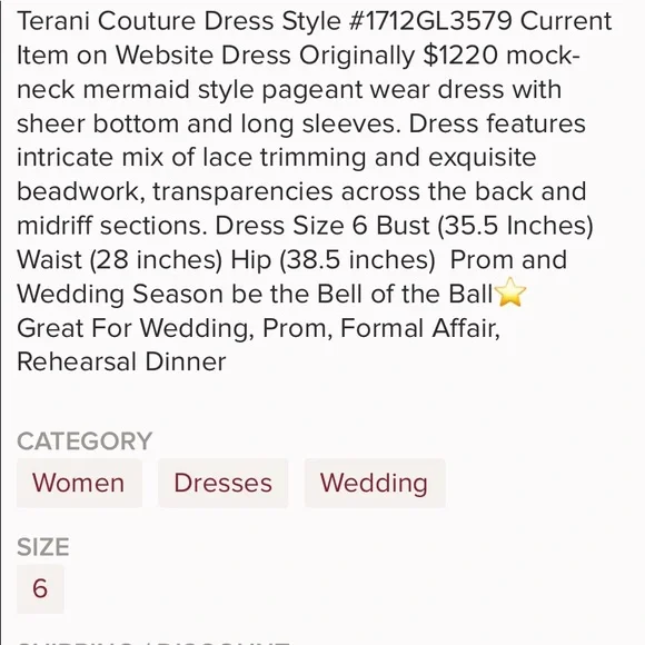 Terani couture PRETTY mock mermaid dress.Size 6.